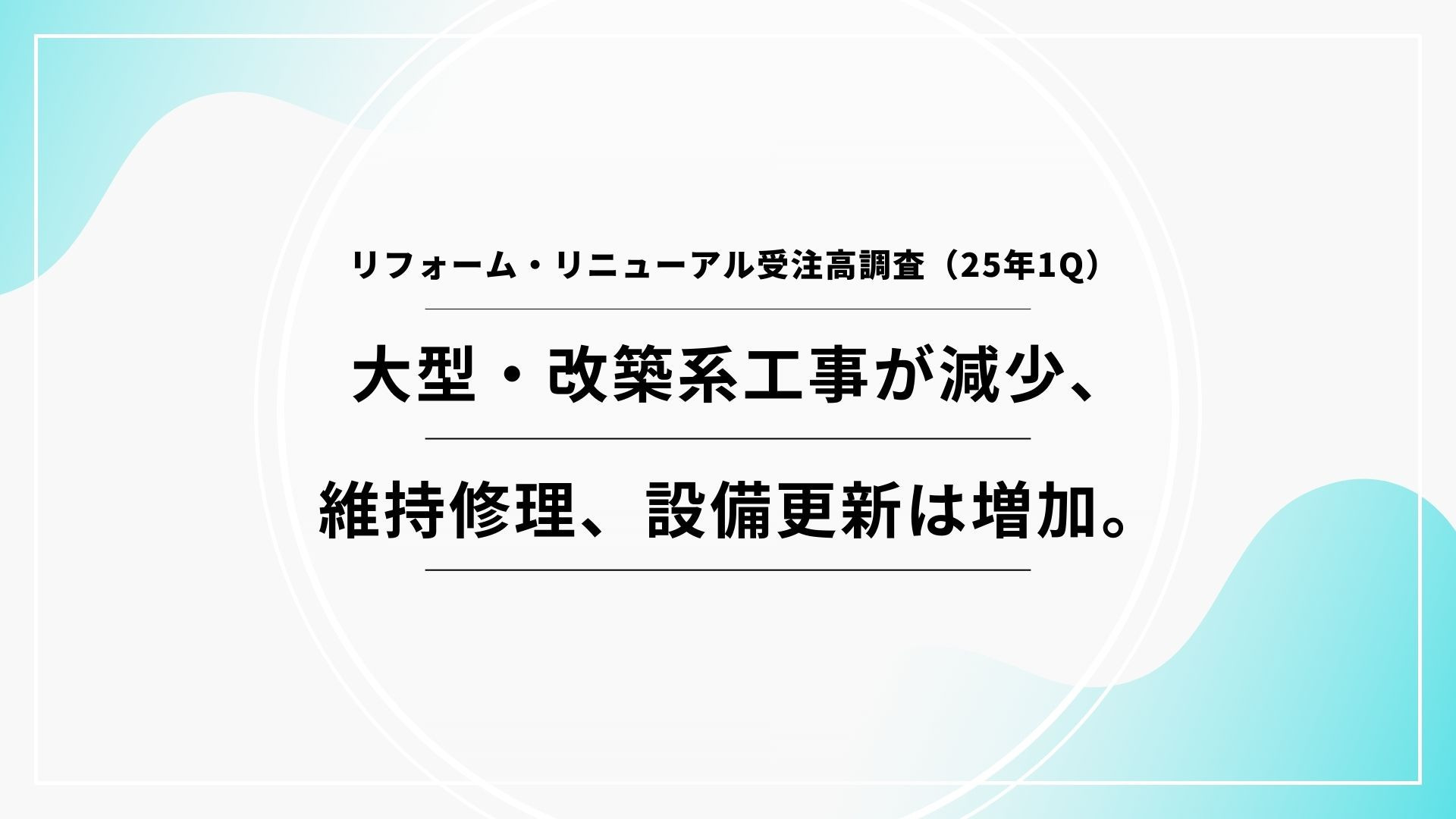 サムネイル：リフォーム・リニューアル受注高調査（25年1Q）：大型・改築系工事が減少、維持修理、設備更新は増加。
